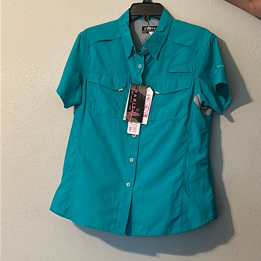 Habit fishing button up, women’s large, teal, short sleeve, $15obo